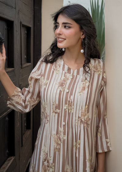 Brown Cotton Straight Cut Kurti Set