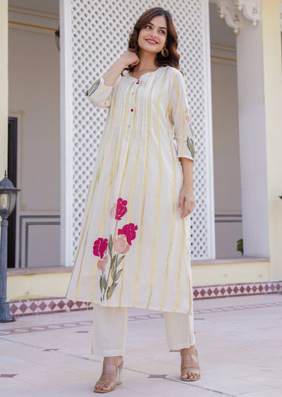 Cream Cotton Straight Cut Kurti Set
