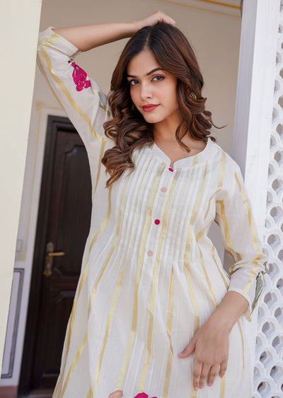 Cream Cotton Straight Cut Kurti Set