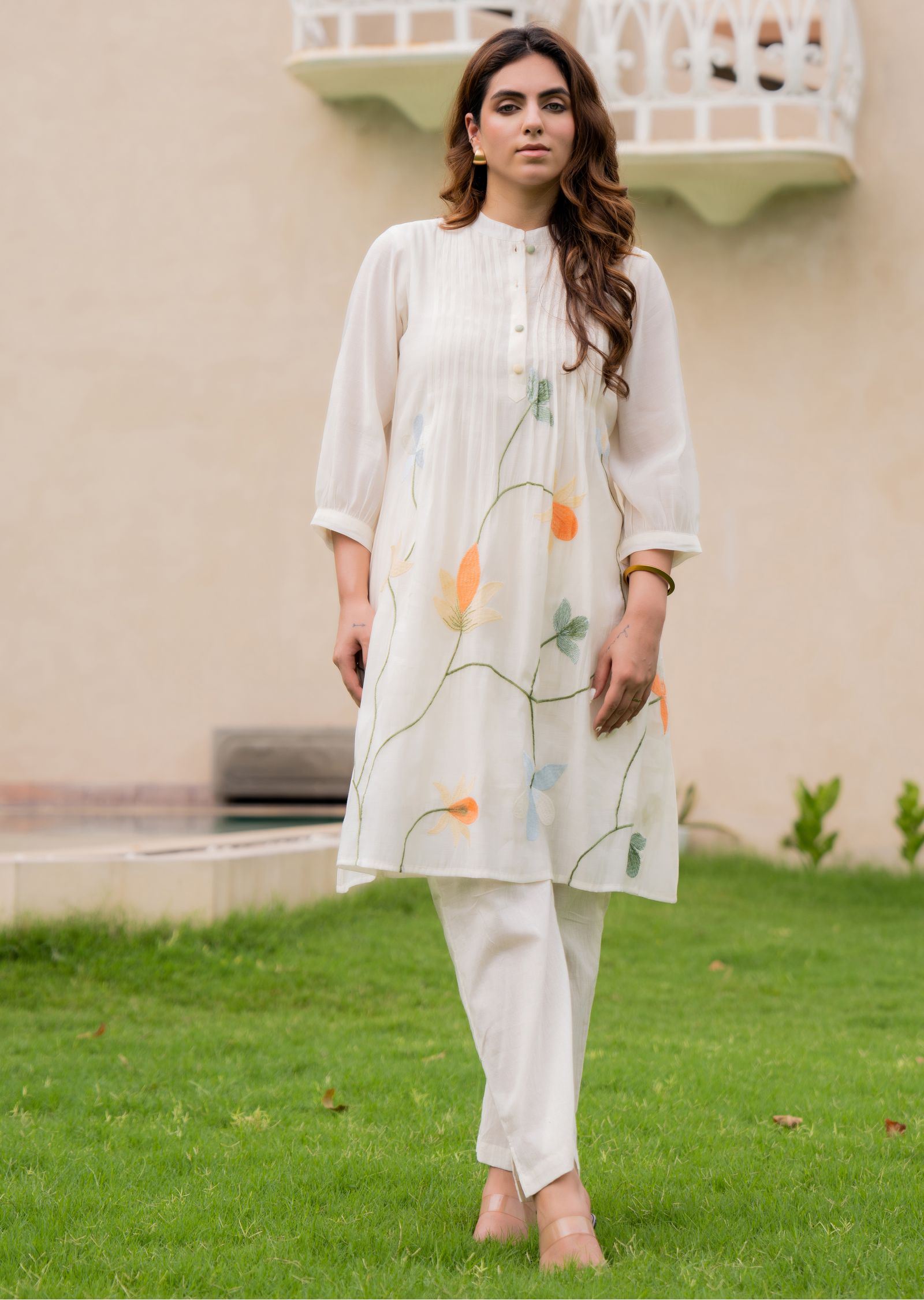 Cream Chanderi Straight Cut Kurti Set
