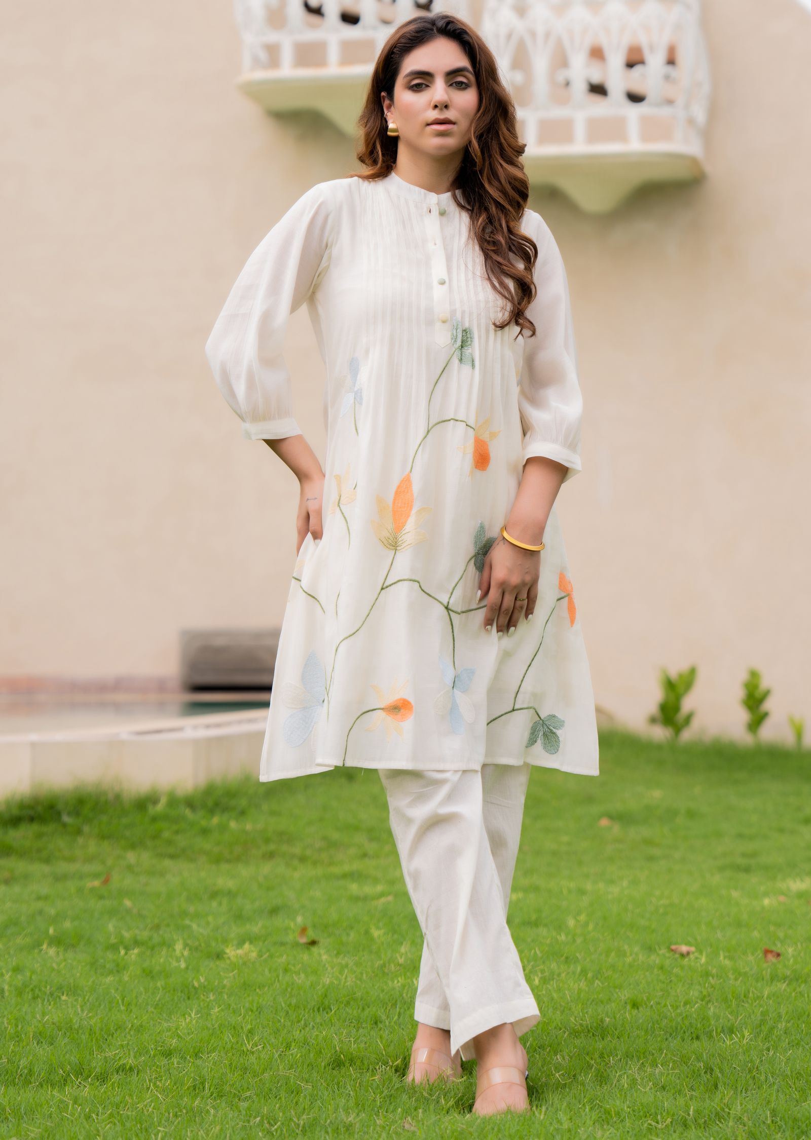Cream Chanderi Straight Cut Kurti Set