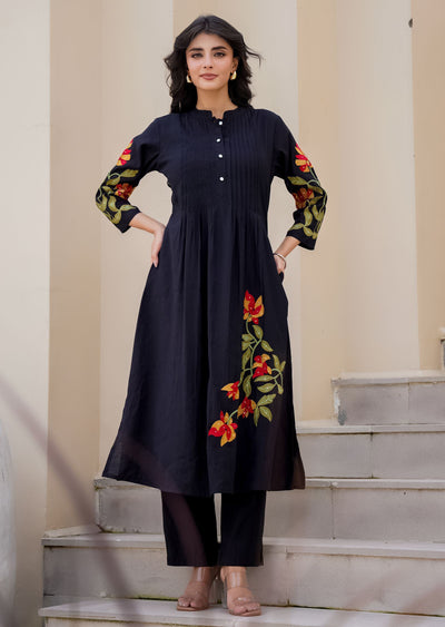 Navy Blue Russian Silk Straight Cut Kurti Set