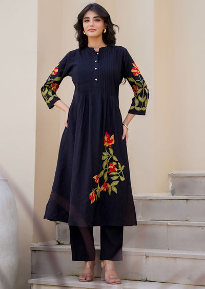 Navy Blue Russian Silk Straight Cut Kurti Set
