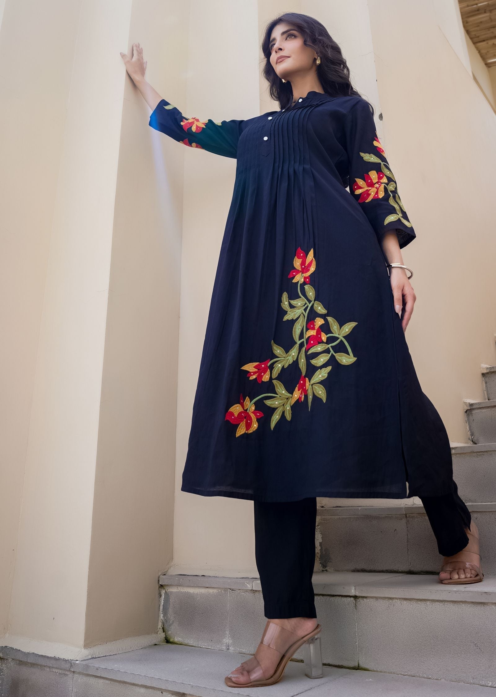 Navy Blue Russian Silk Straight Cut Kurti Set