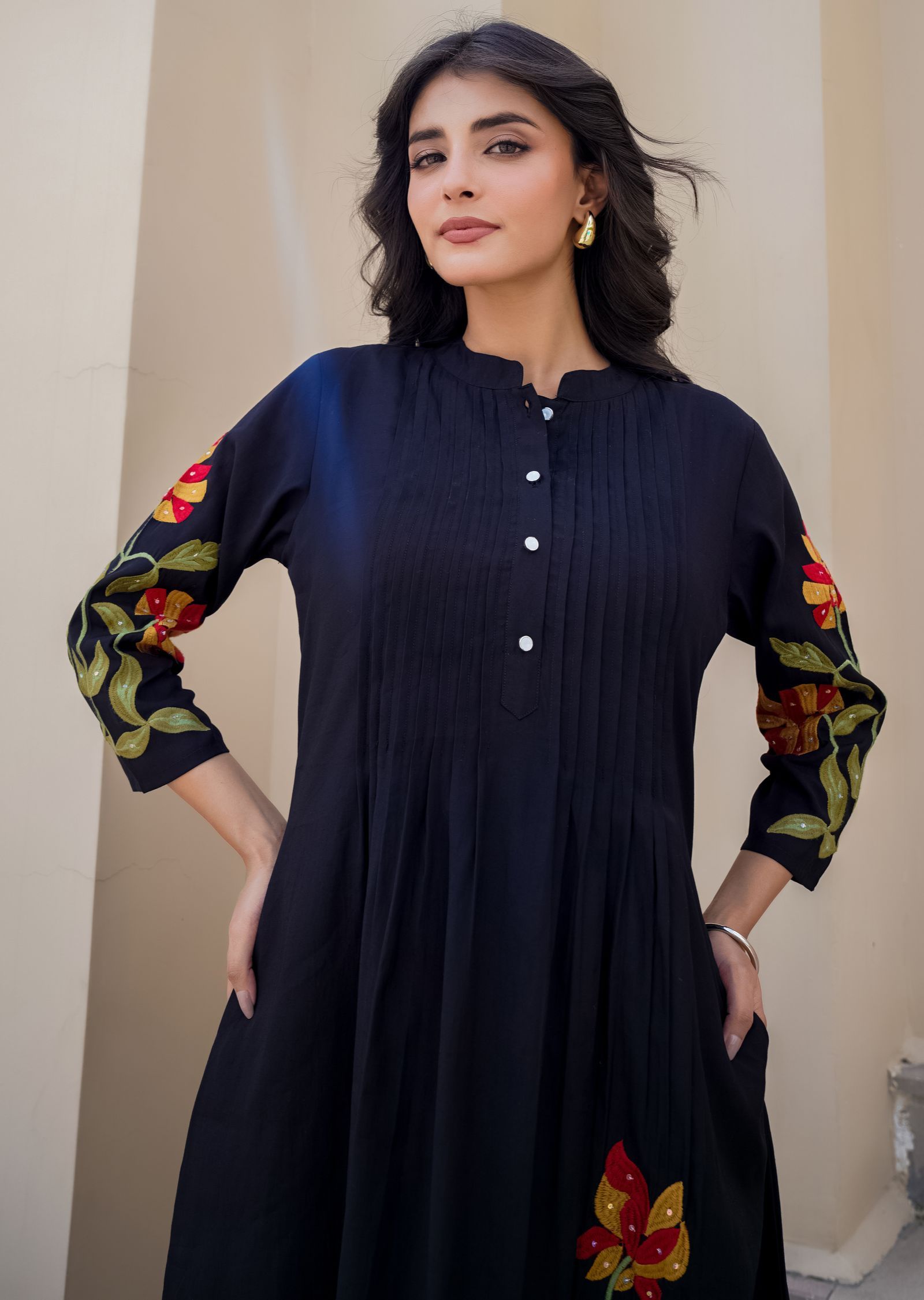 Navy Blue Russian Silk Straight Cut Kurti Set