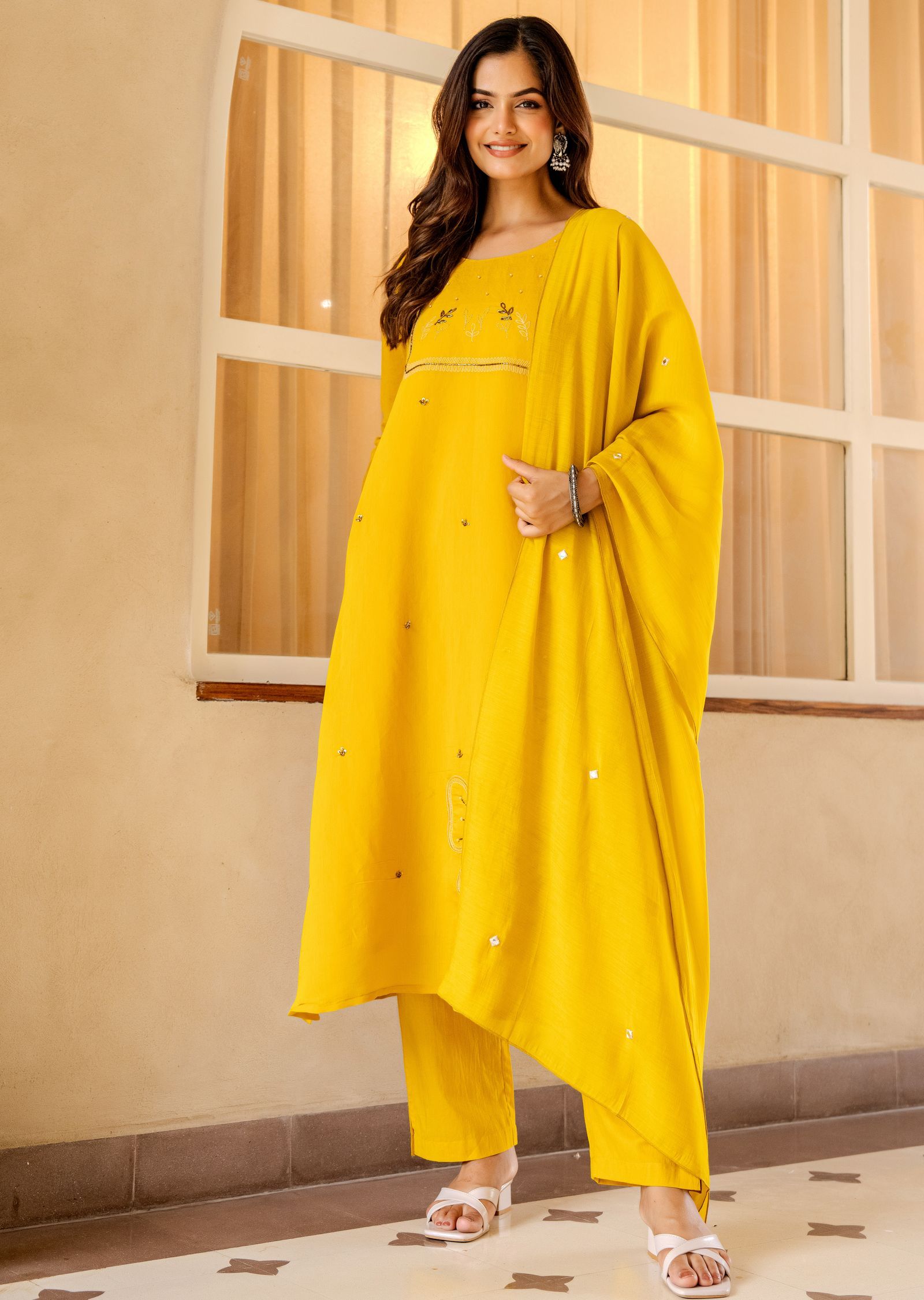 Mustard Chanderi Straight Cut Suit