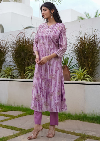 Mauve Cotton Straight Cut Kurti Set