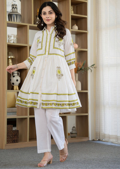 Off White Cotton Straight Cut Kurti Set