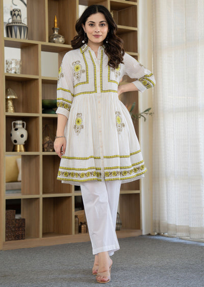Off White Cotton Straight Cut Kurti Set