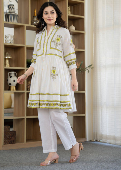 Off White Cotton Straight Cut Kurti Set