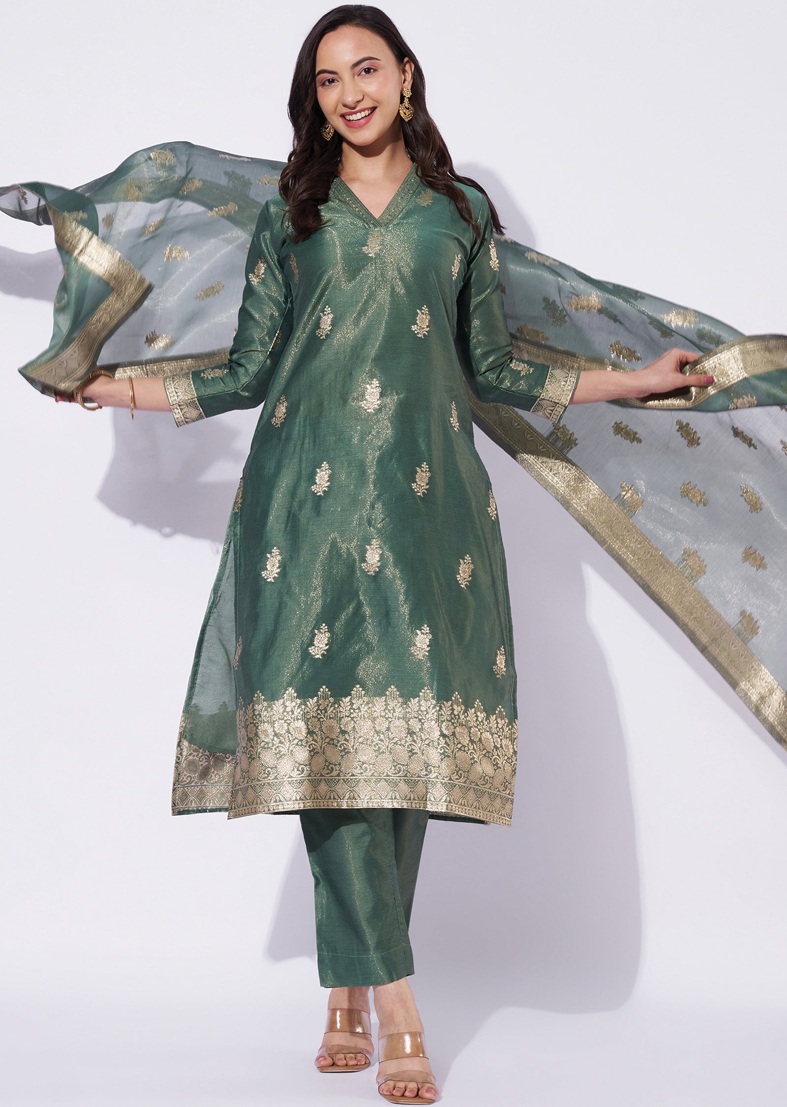 Green Tissue Straight Cut Kurti