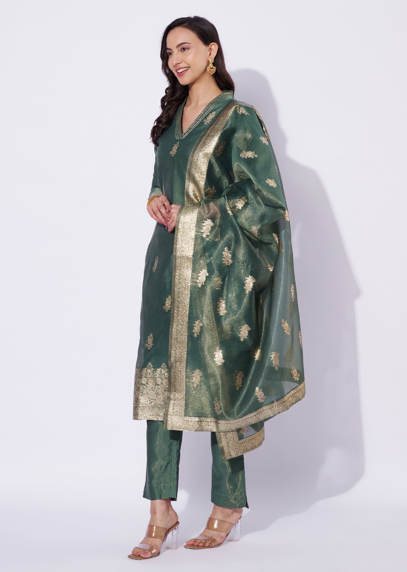 Green Tissue Straight Cut Kurti