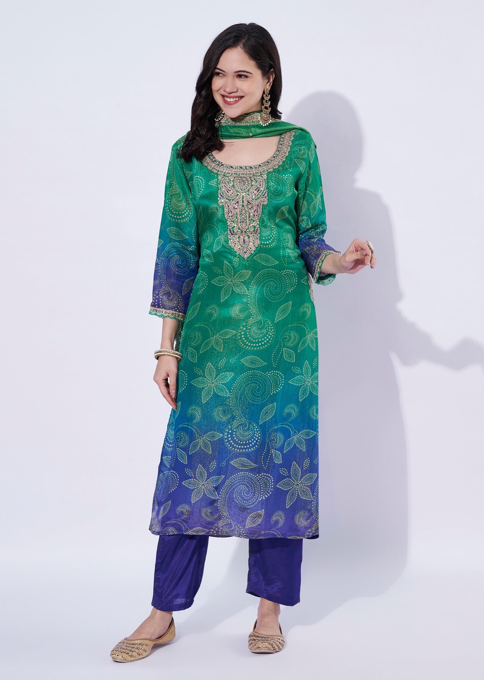 Green-Blue ombré tissue straight cut Kurti set
