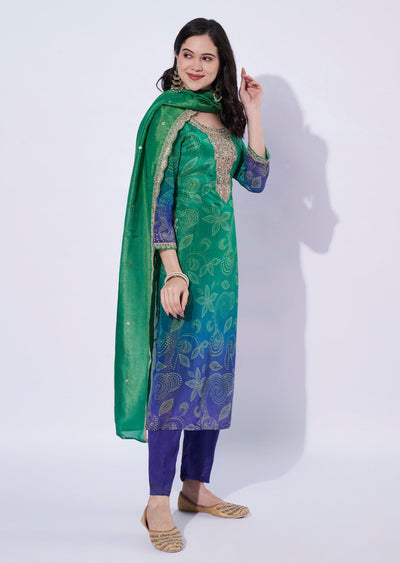 Green-Blue ombré tissue straight cut Kurti set