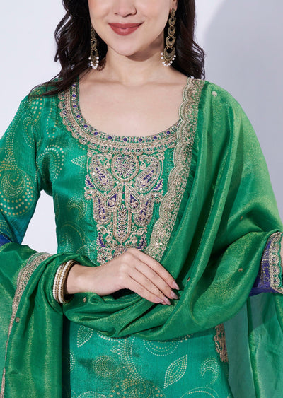Green-Blue ombré tissue straight cut Kurti set