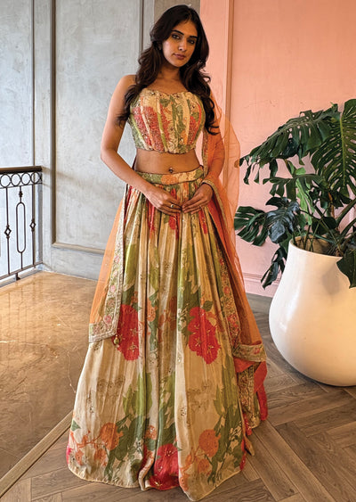 Floral printed tissue corset lehenga