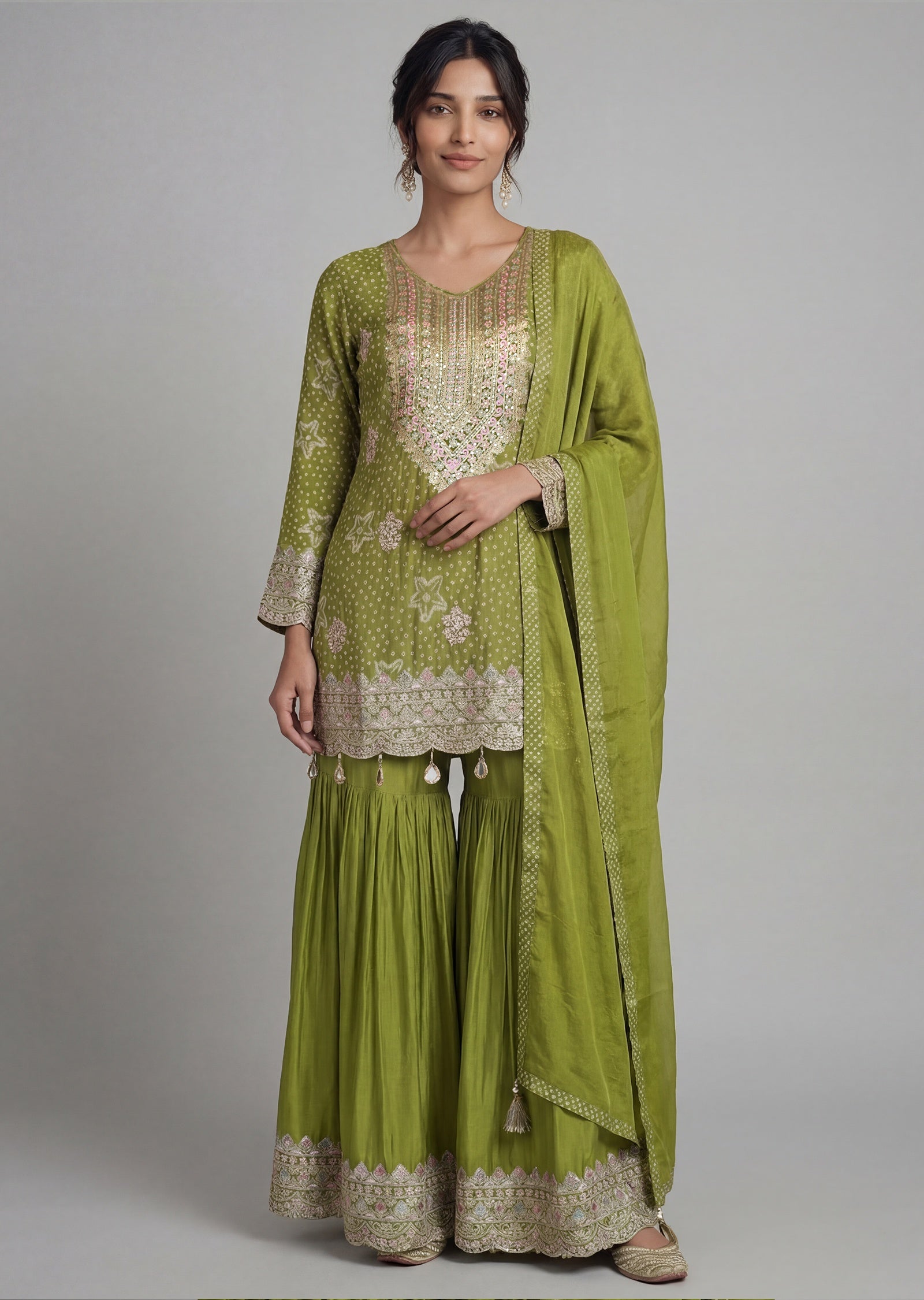 Mehendi Green Embroidered Bandhani Sharara