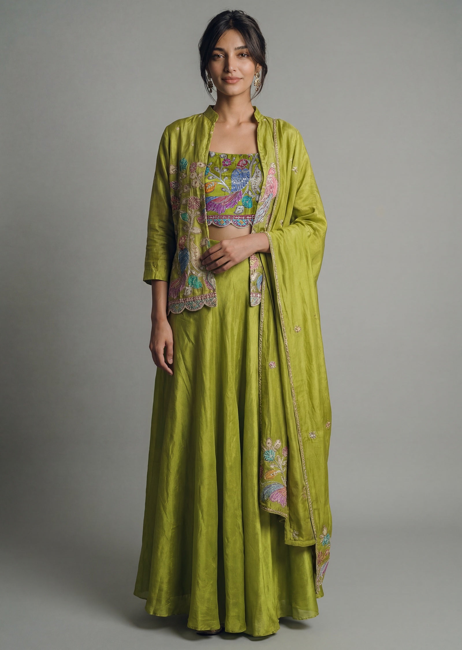 Green Indo Western Jacket Crop Top and Palazzo Set