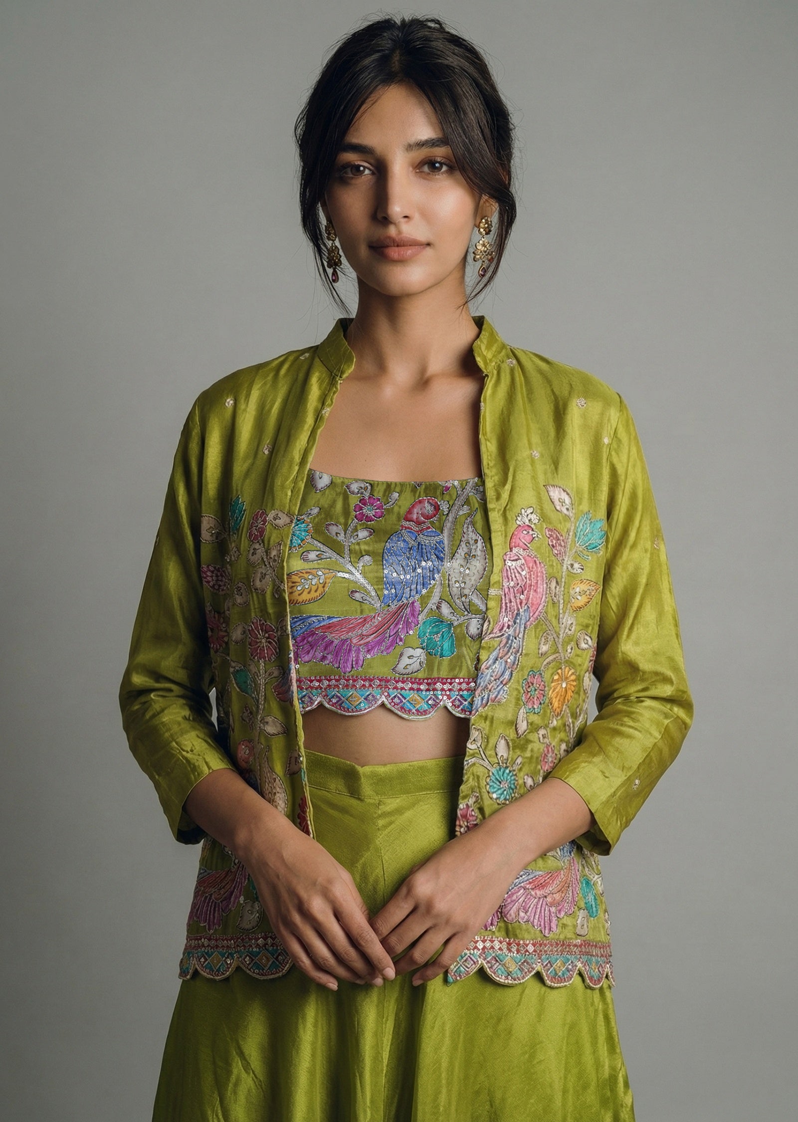 Green Indo Western Jacket Crop Top and Palazzo Set