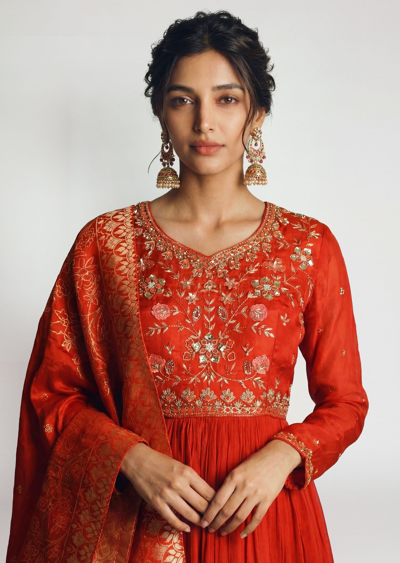 Rust Orange Anarkali With Banarasi Dupatta