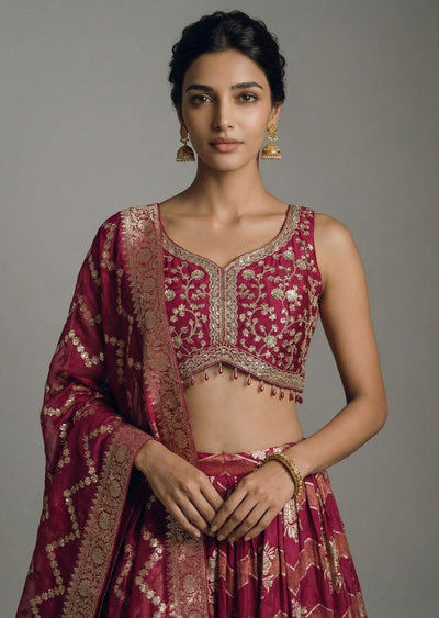 Wine Banarasi Silk Lehenga