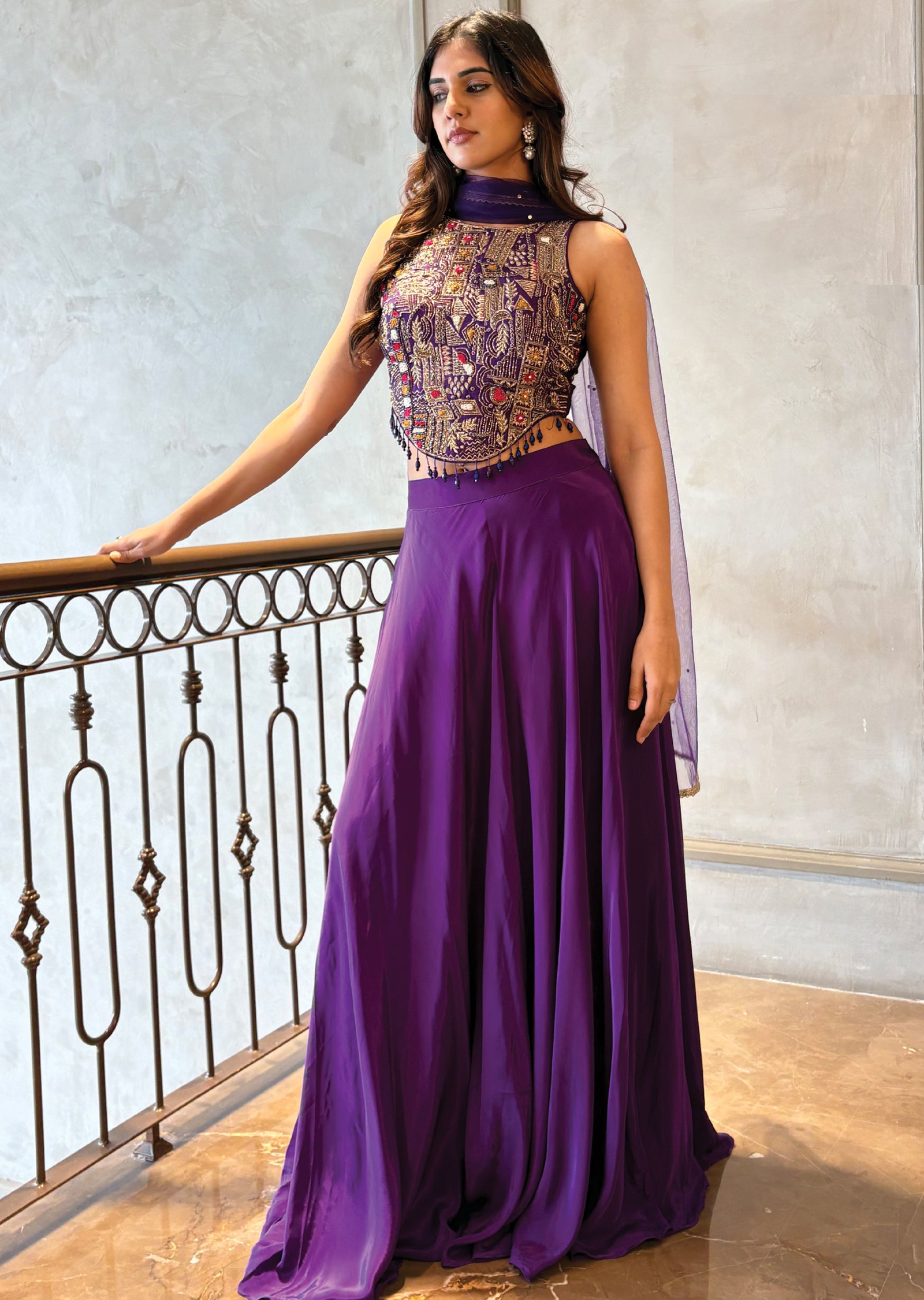 Purple embodied Sharara set