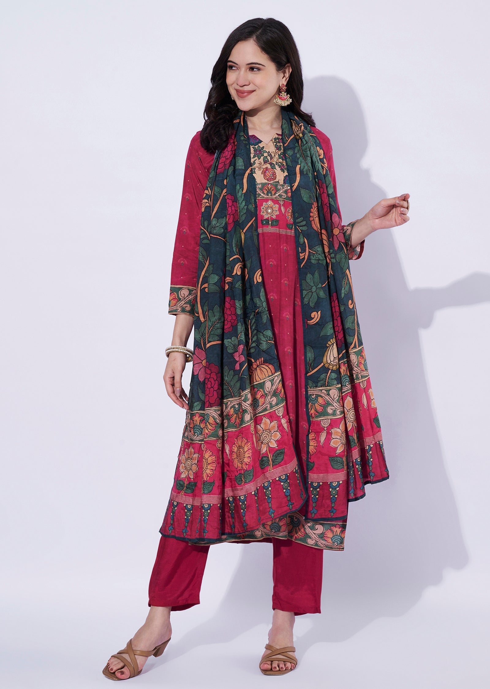 Maroon straight cut kurti with printed dupatta