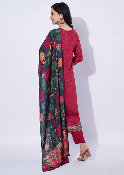 Maroon straight cut kurti with printed dupatta