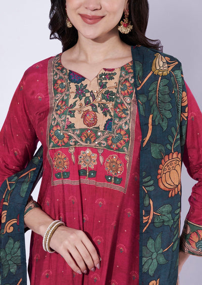 Maroon straight cut kurti with printed dupatta
