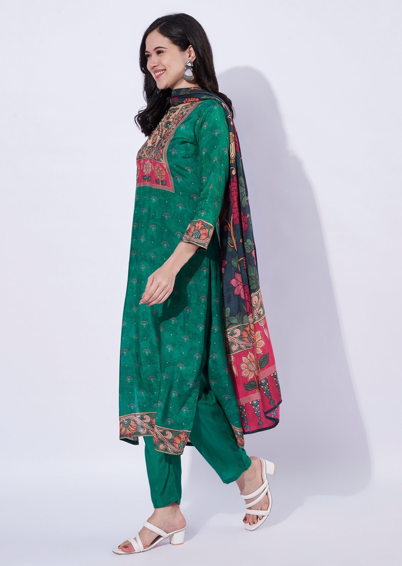 Green straight cut kurti with printed dupatta