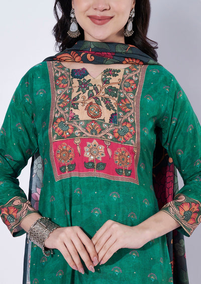 Green straight cut kurti with printed dupatta