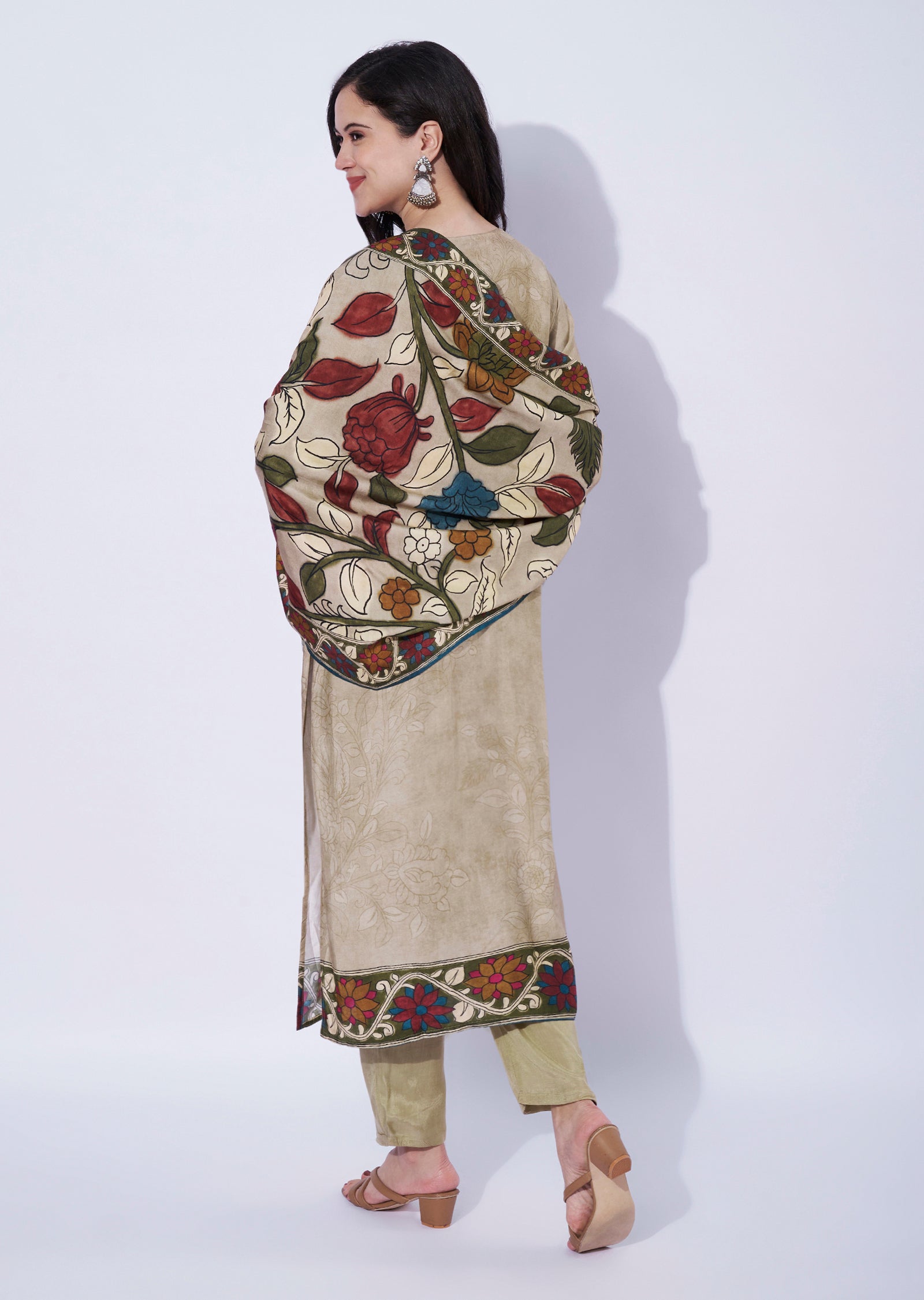 Beige straight cut kurti set with printed dupatta