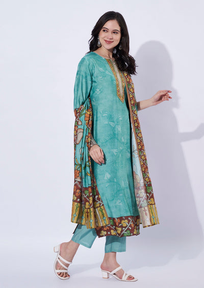 Sea green straight cut kurti set