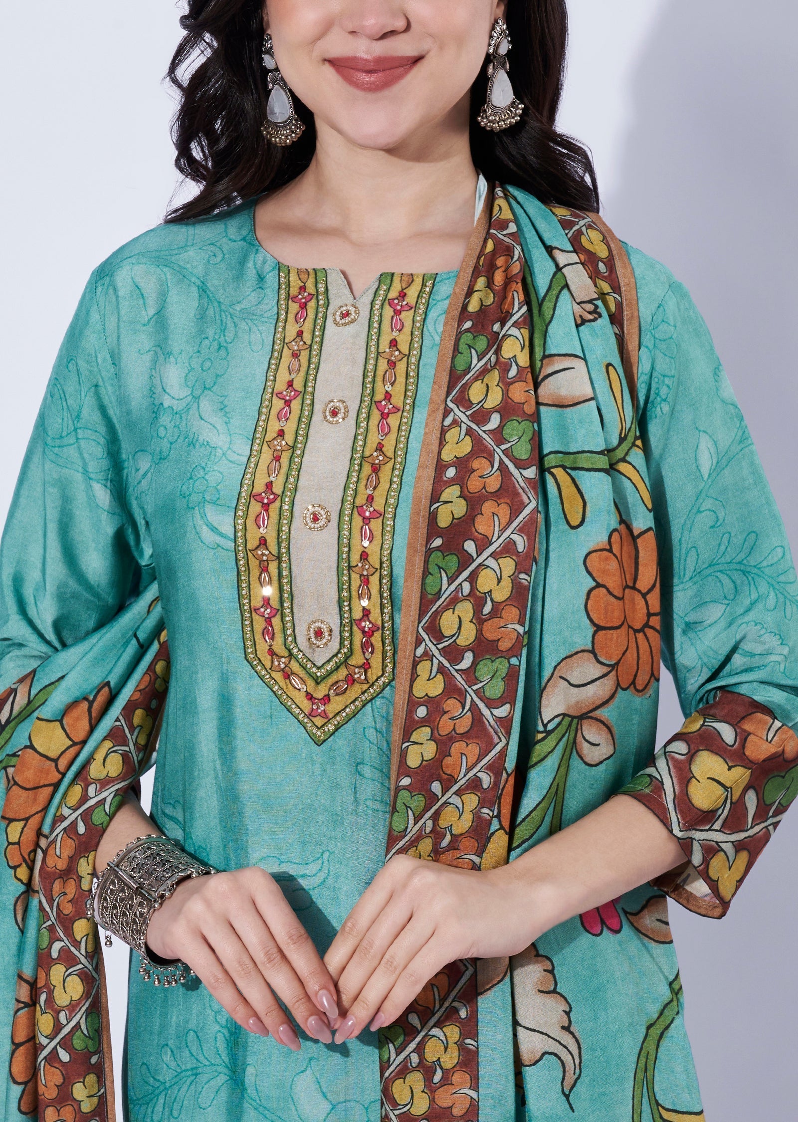Sea green straight cut kurti set
