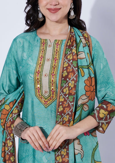 Sea green straight cut kurti set
