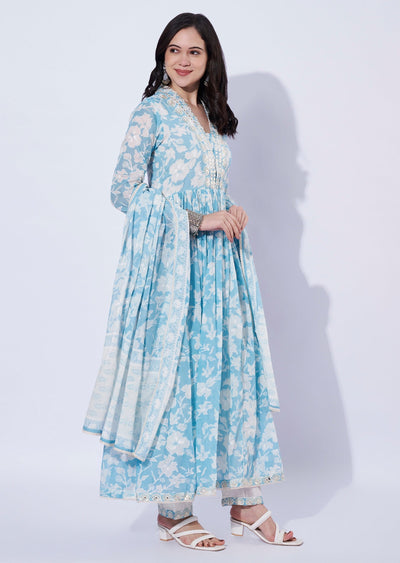 Light Blue Cotton Anarkali with Pant & Dupatta