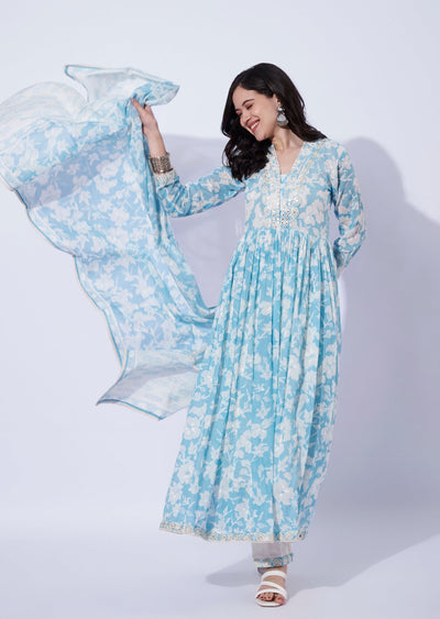 Light Blue Cotton Anarkali with Pant & Dupatta