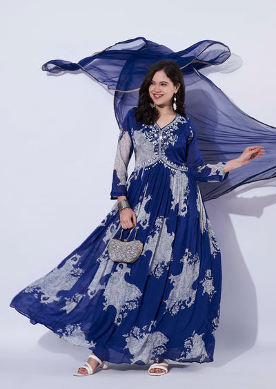 Blue Chinnon Anarkali Suit