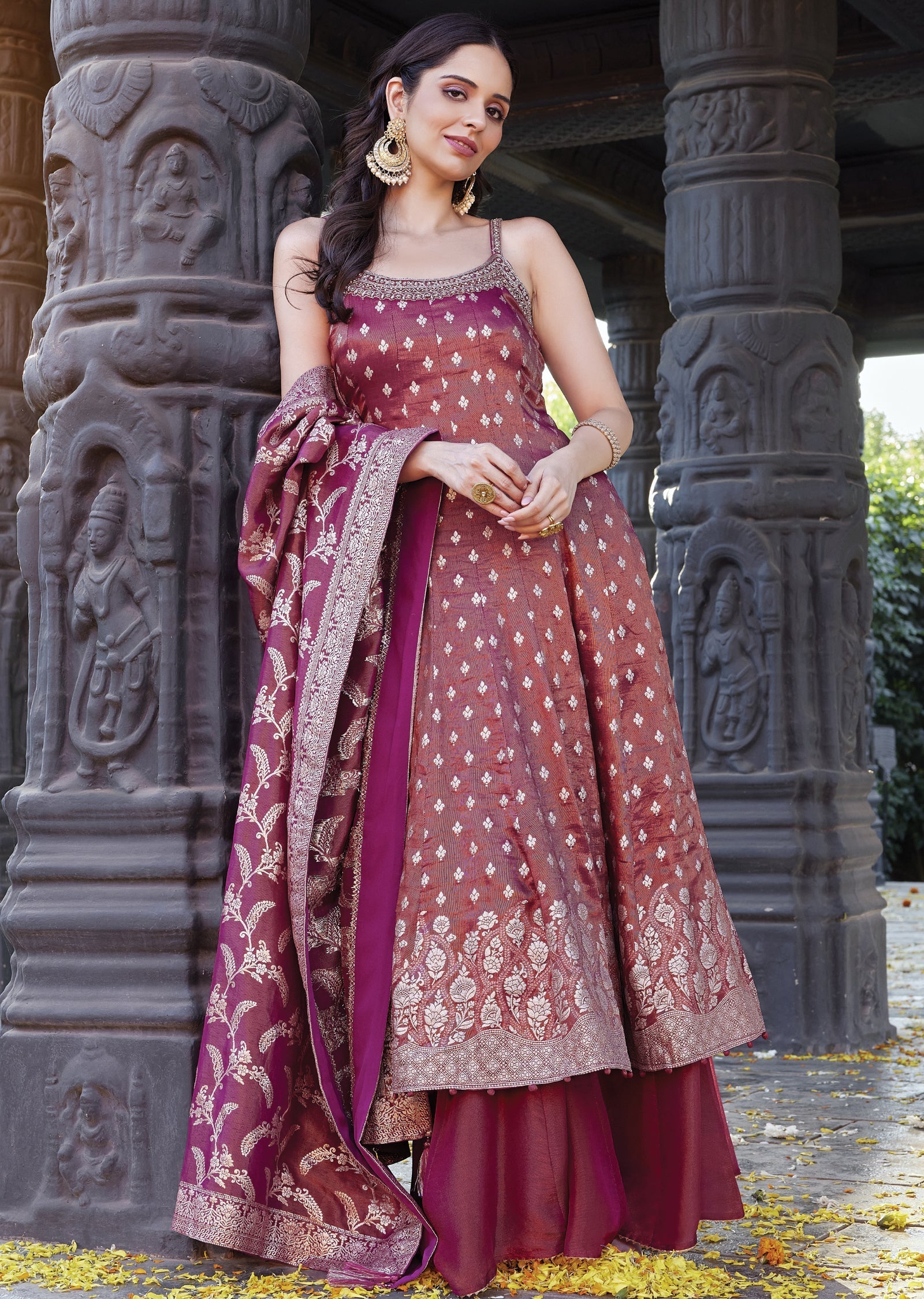 Dark pink tissue Anarkali with banarasi dupatta