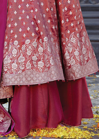 Dark pink tissue Anarkali with banarasi dupatta