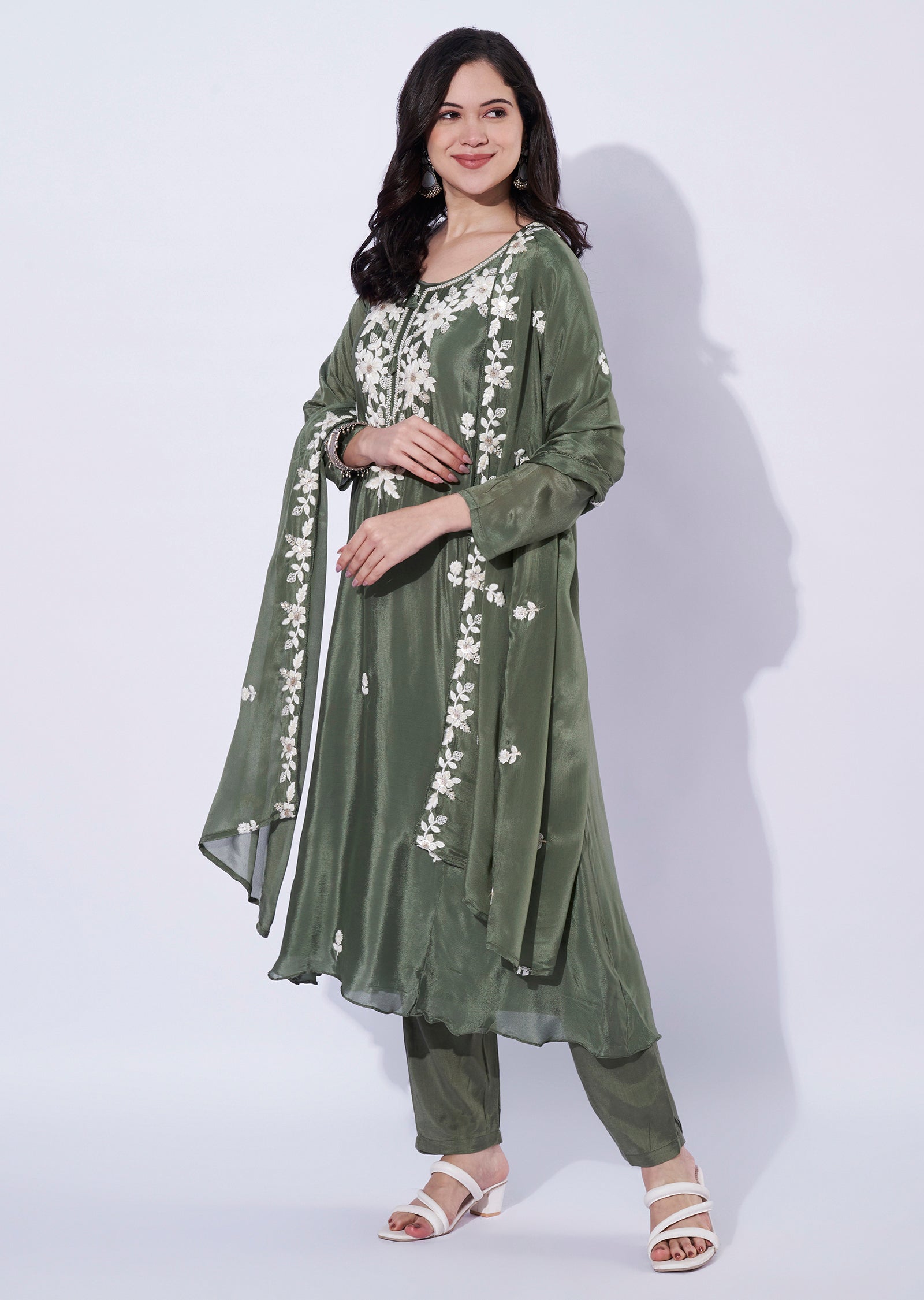 Dusty Green Chinnon Anarkali Suit