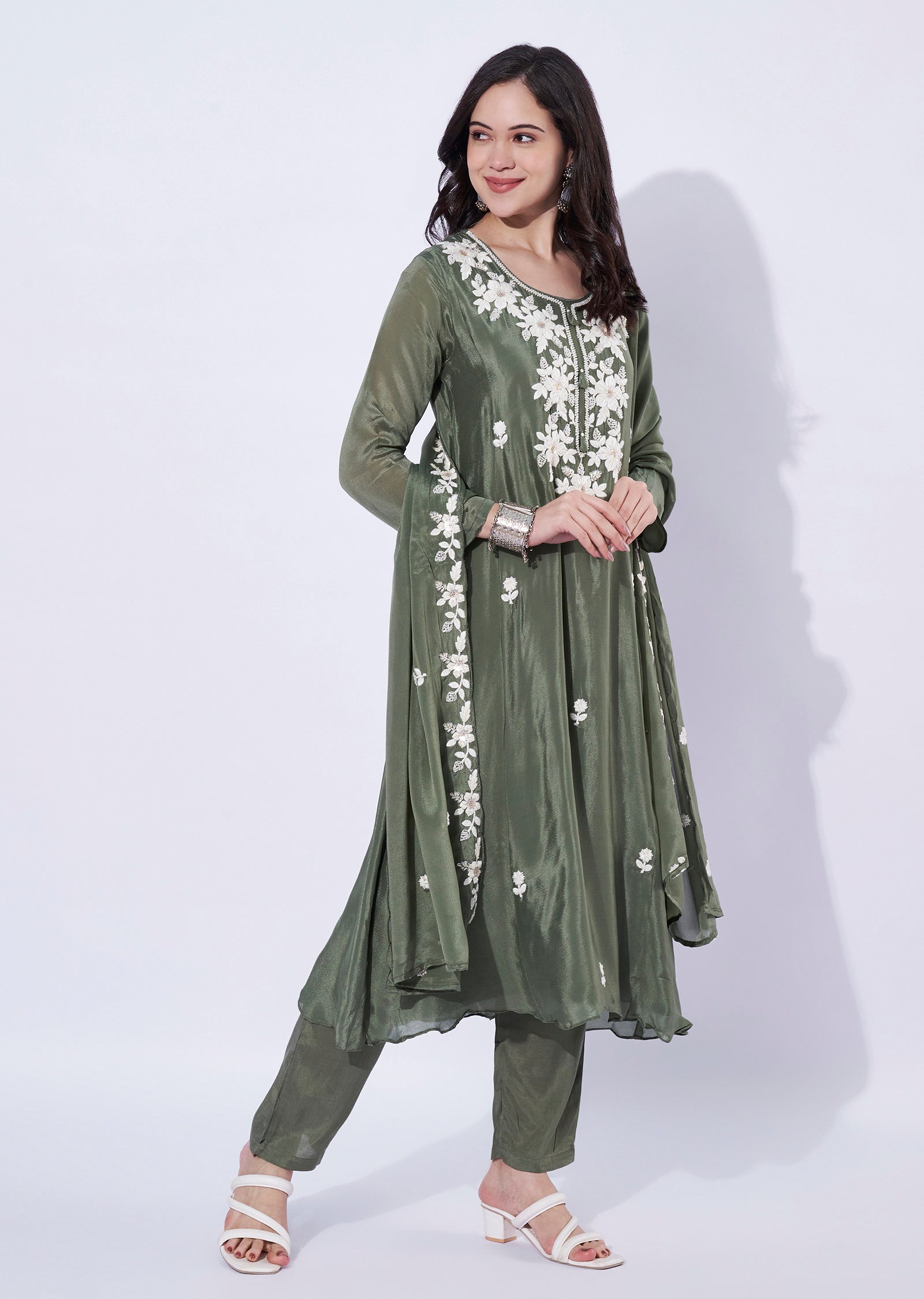 Dusty Green Chinnon Anarkali Suit