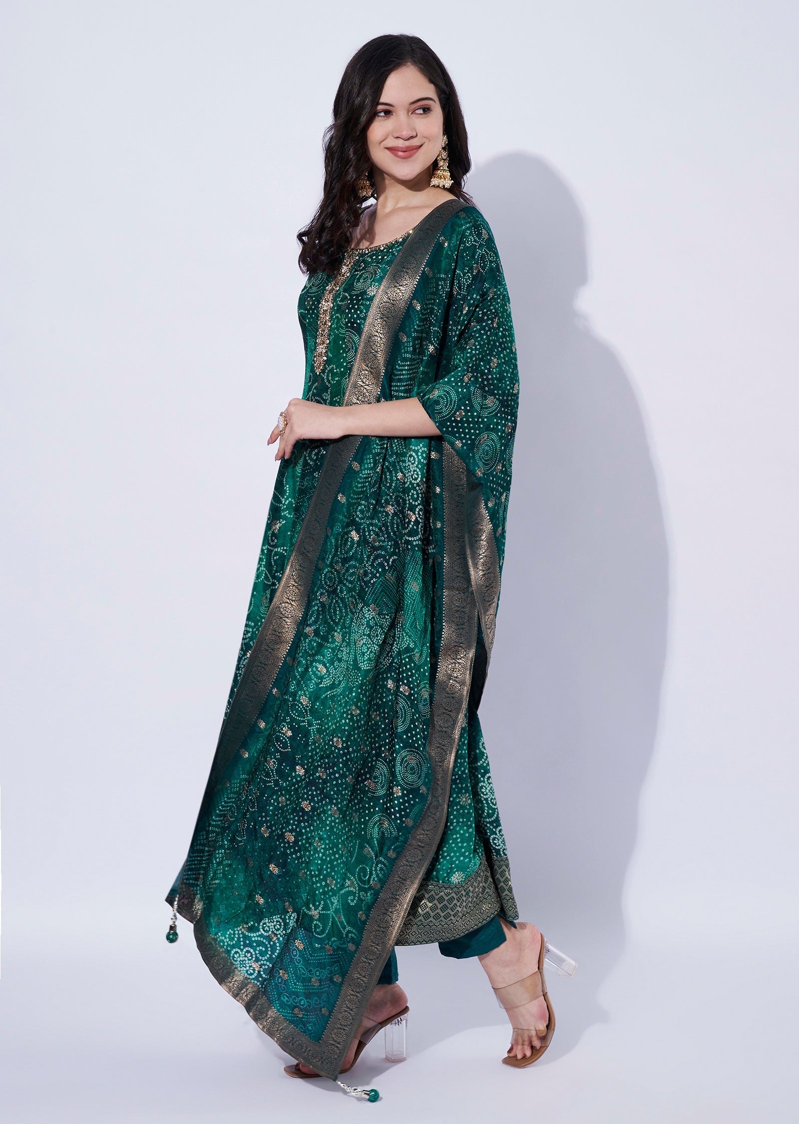 Bottle Green Chinnon Anarkali Suit