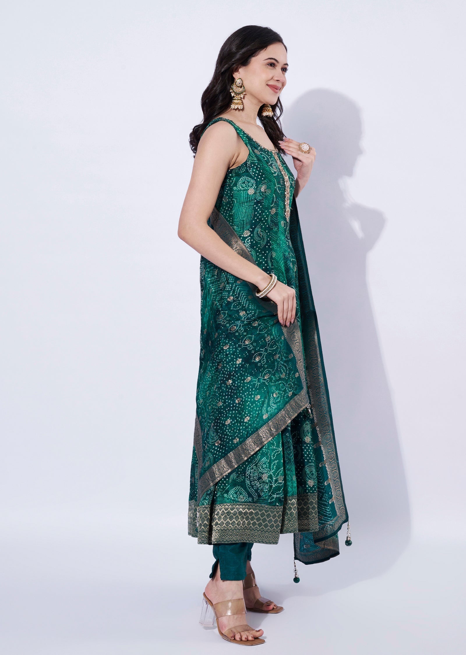 Bottle Green Chinnon Anarkali Suit