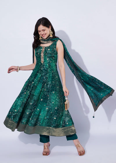 Bottle Green Chinnon Anarkali Suit