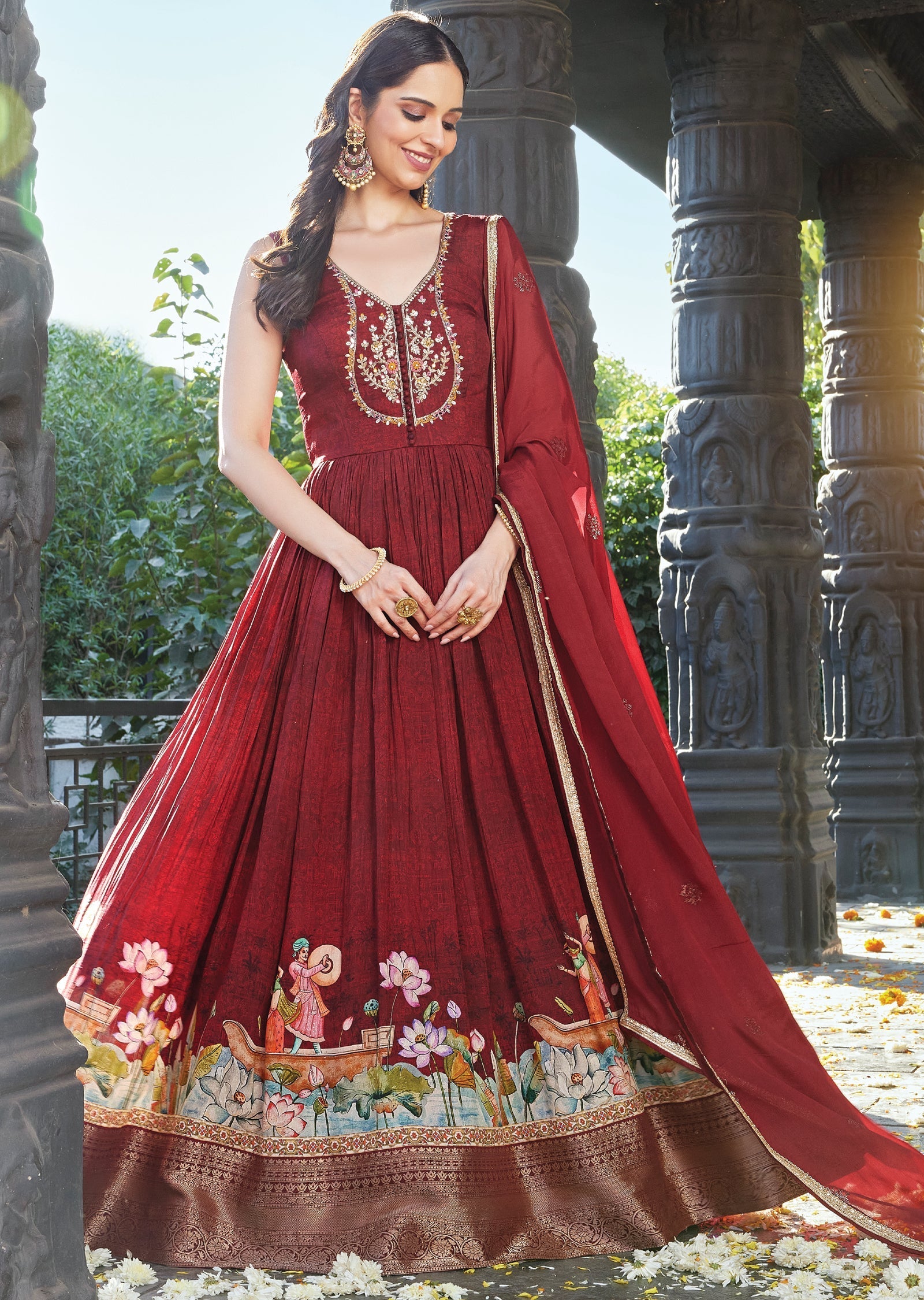 Maroon Silk Anarkali with Dupatta (set of two)