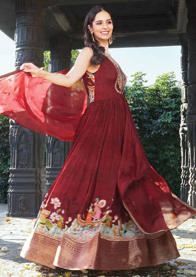 Maroon Silk Anarkali with Dupatta (set of two)