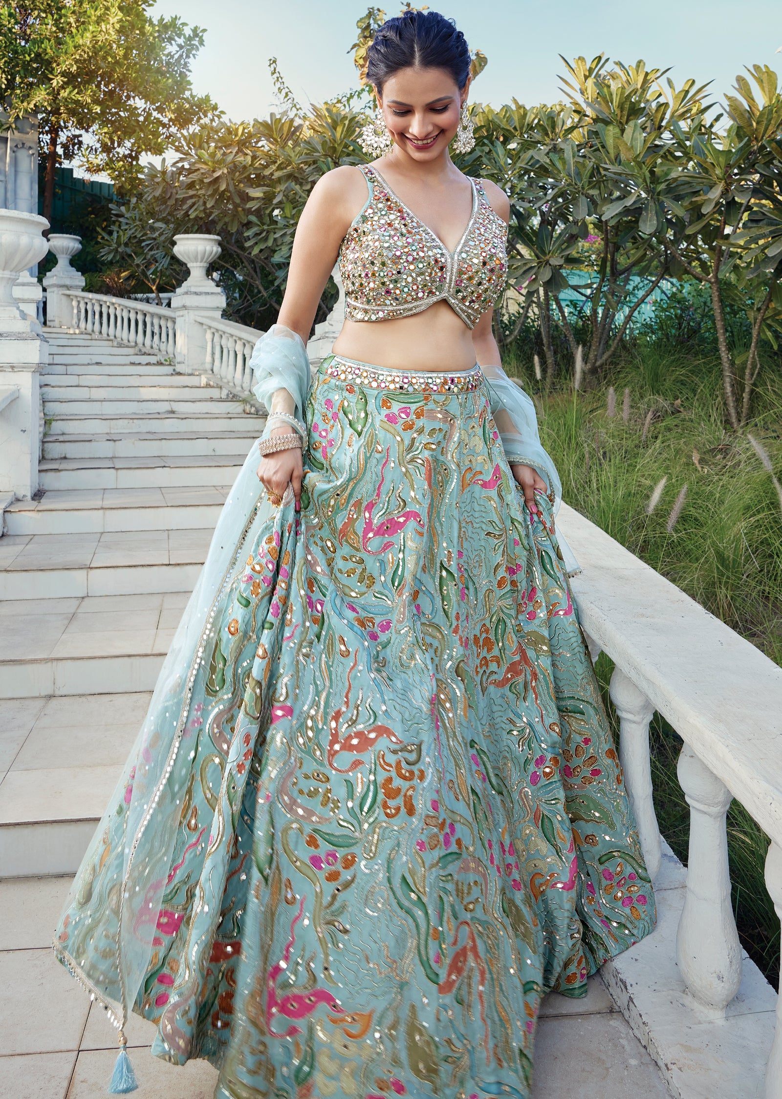 Luxury Dusty Green Chinnon Lehenga Set