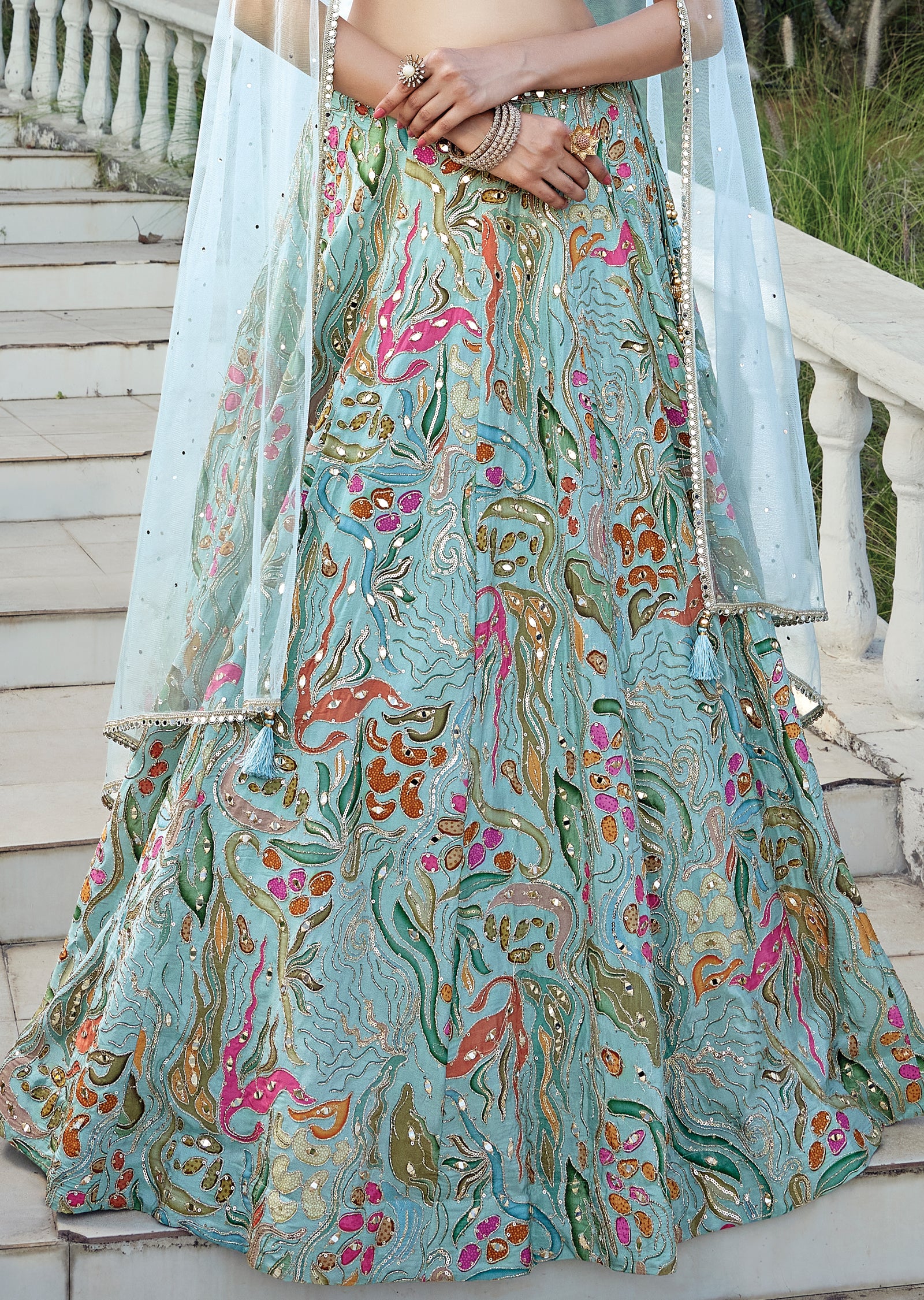 Luxury Dusty Green Chinnon Lehenga Set