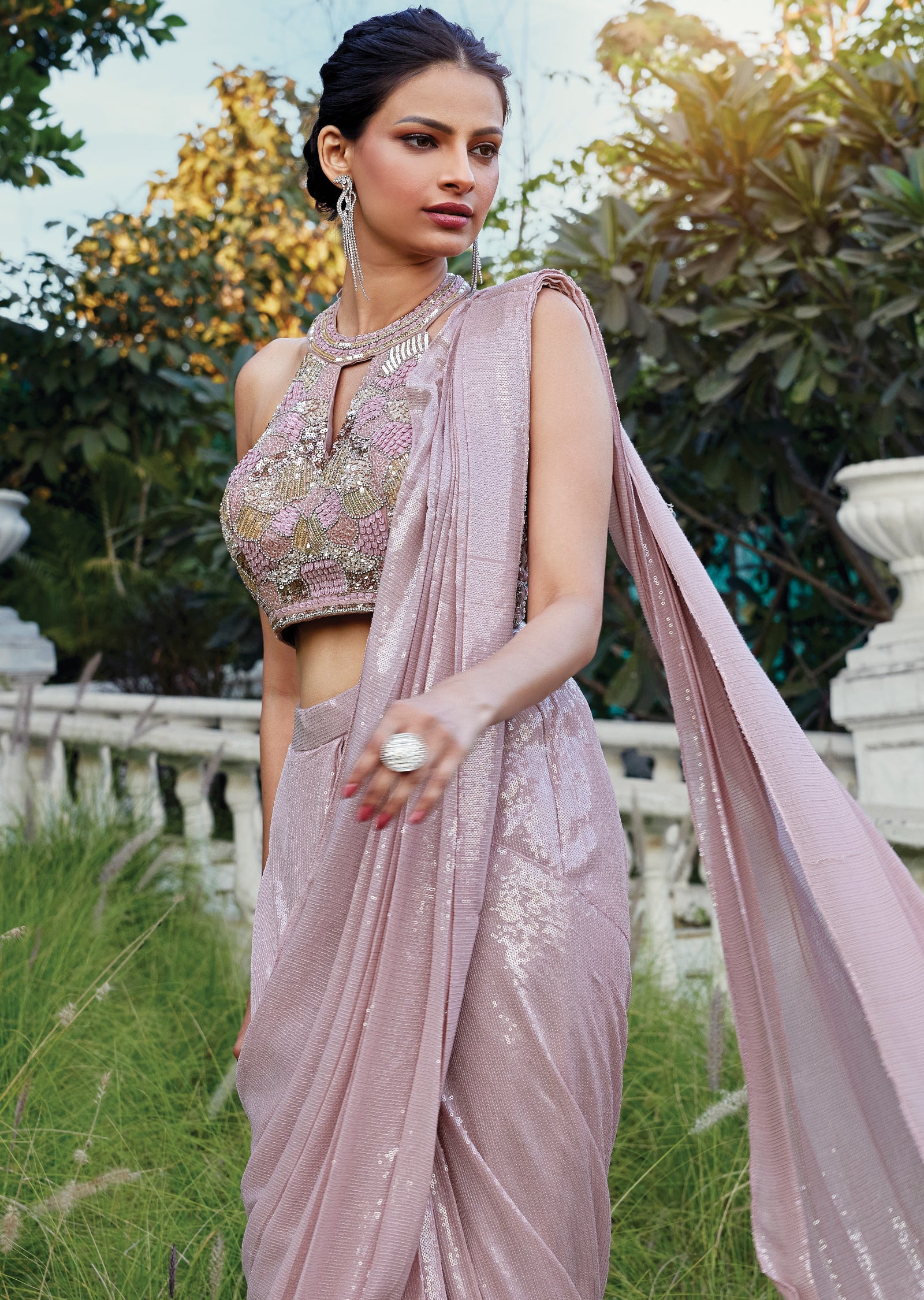 Onion Pink Georgette Drape Saree